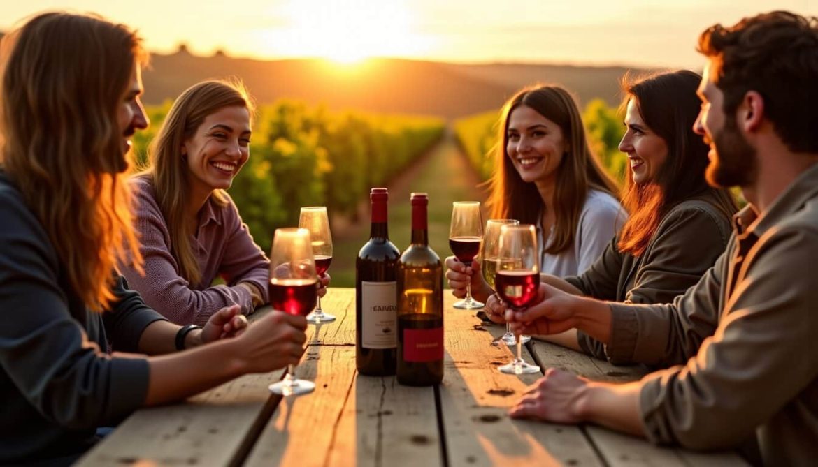 A group of friends toasting with red wine in a vineyard at sunset, discussing buying primeur wine