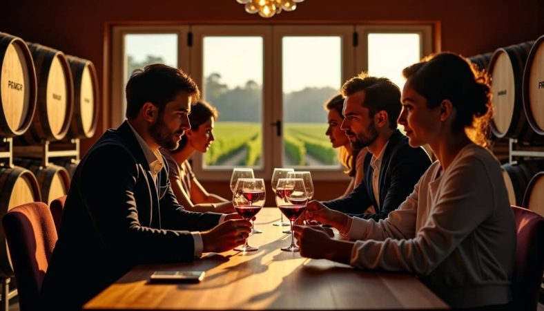 Two couples in professional attire having a formal dinner and tasting red wine, potentially for buying primeur wine