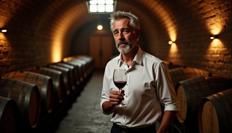 A sophisticated older man with a beard holding a glass of red wine in a cellar lined with oak barrels, considering buying primeur wine