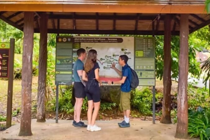 Tourists looking at a trail map near Cheow Lan Lake